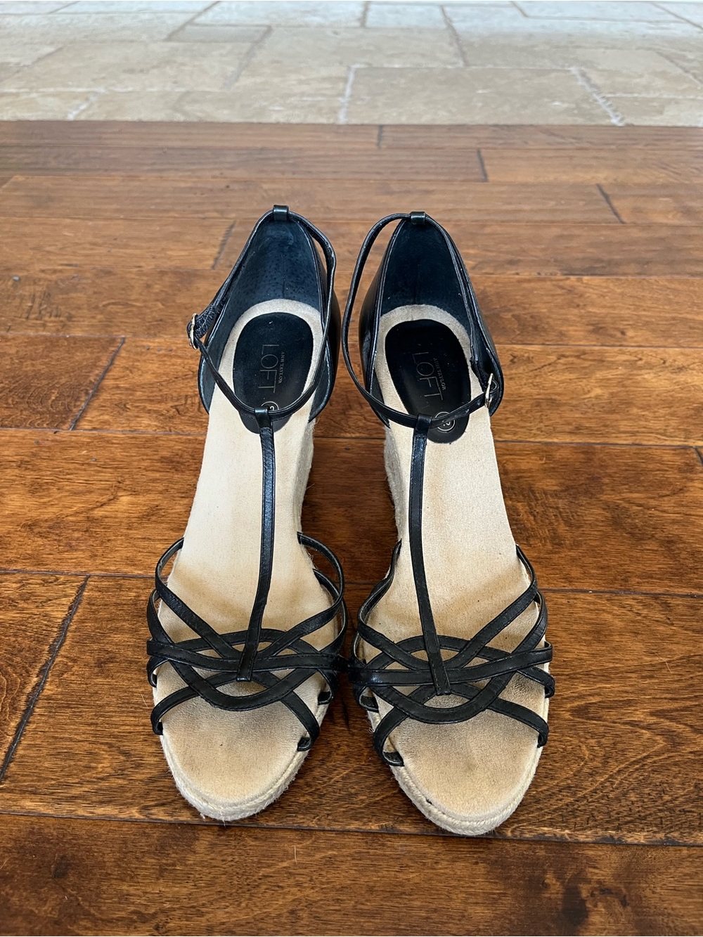 LOFT Black Strappy T‑Bar Espadrille Wedges